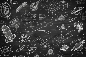 Creative chalkboard illustration of space, science, and technology concepts with rockets, planets, and brain designs in a classroom setting