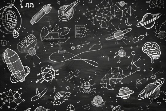 Creative chalkboard illustration of space, science, and technology concepts with rockets, planets, and brain designs in a classroom setting