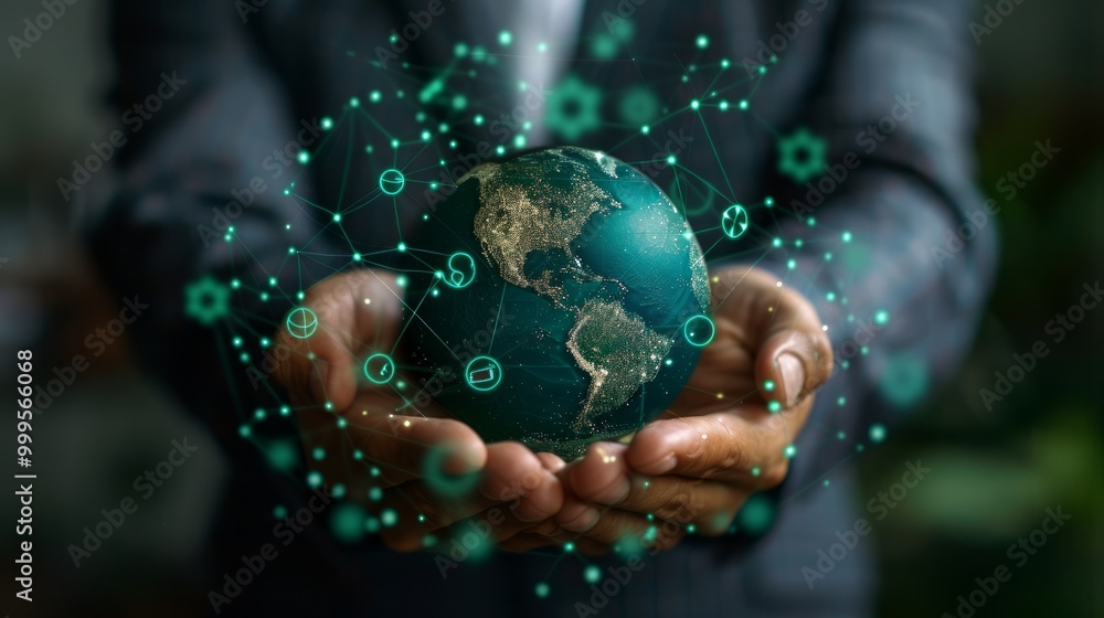 Poster a person holding a digital globe surrounded by interconnected icons representing technology and glob