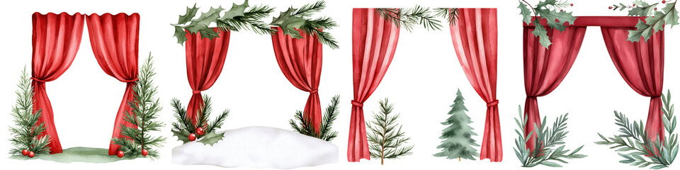 Decorative red curtains with green foliage on white isolate background.