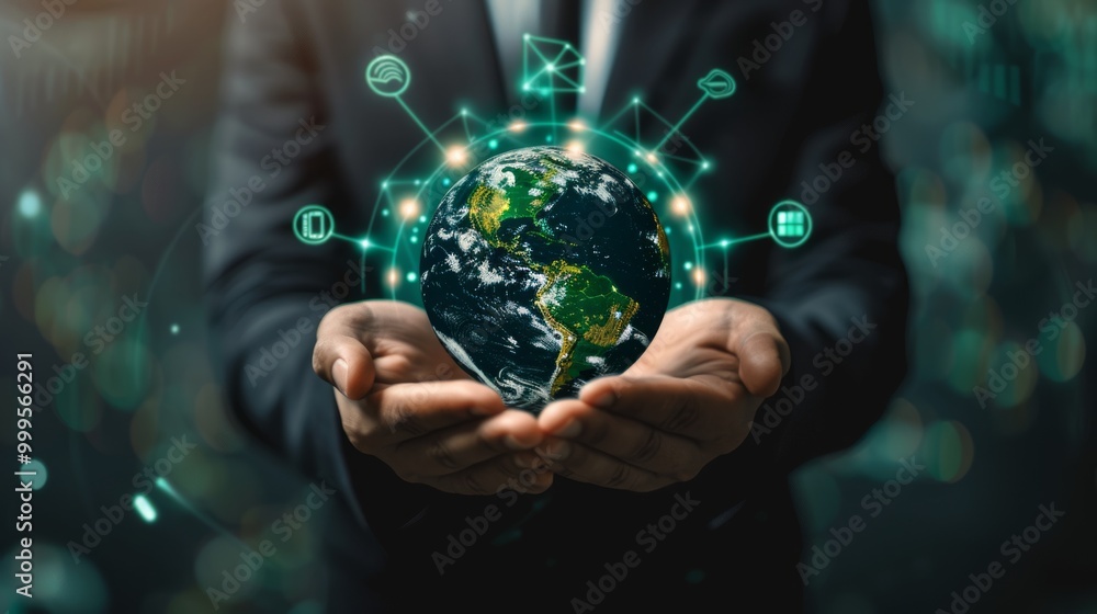 Aufkleber a business professional holds a glowing globe while surrounded by digital technology symbols in a fu