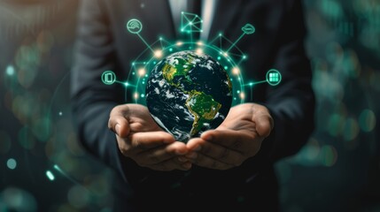 A business professional holds a glowing globe while surrounded by digital technology symbols in a futuristic setting