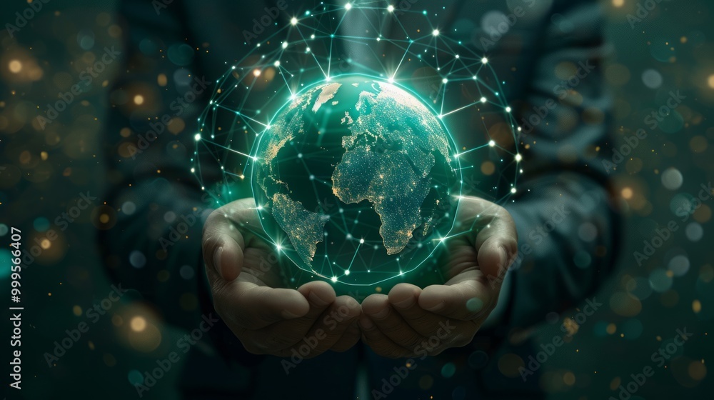 Aufkleber a person holds a glowing globe with interconnected digital lines in a dark setting, symbolizing glob