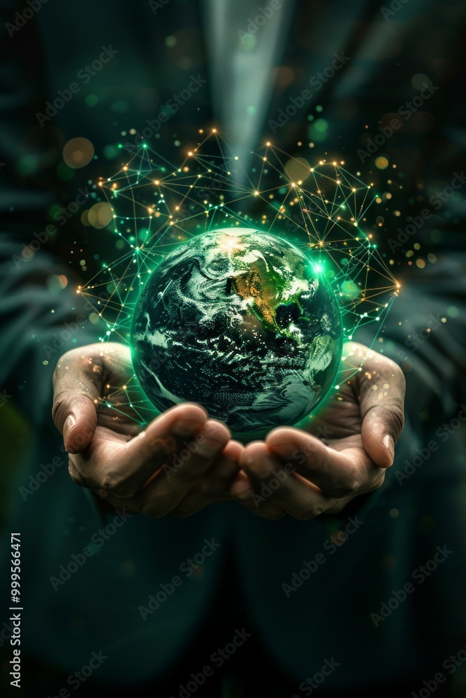 Poster a person holds a glowing globe surrounded by digital connections, symbolizing global unity and techn