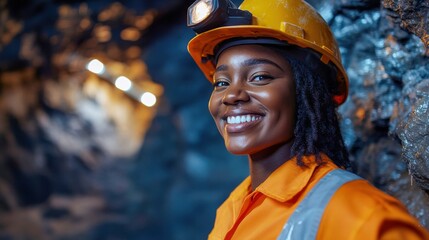 Smiling Black woman engineer wearing safety gear in an underground mine Concept of mining industry
