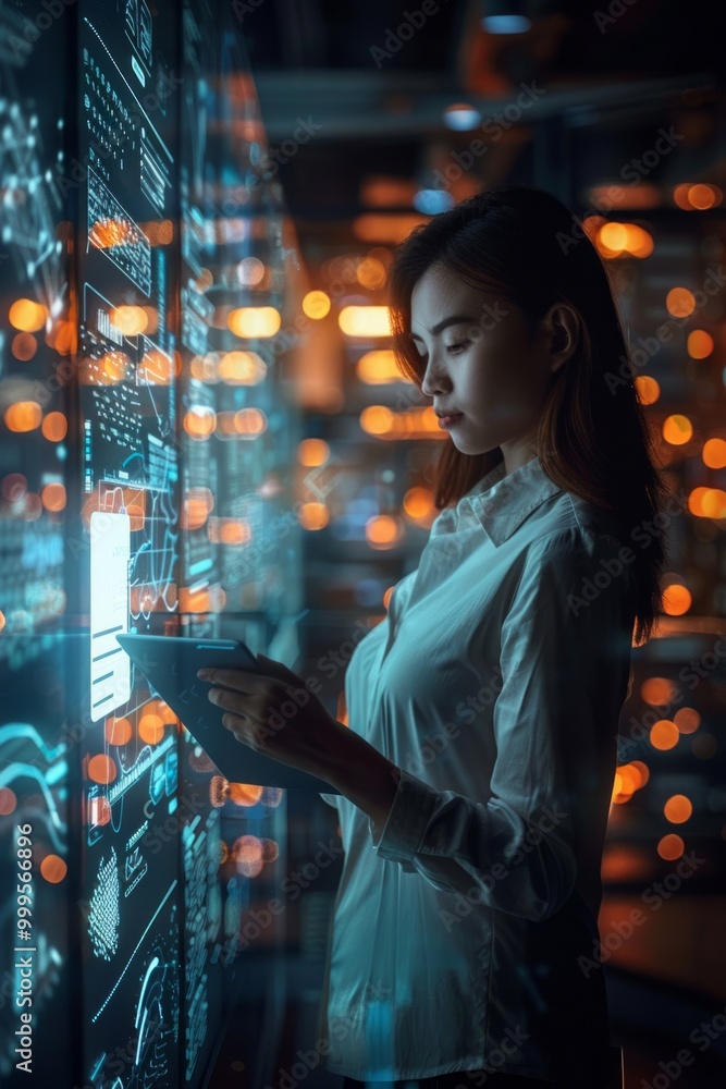 Poster a woman interacting with a digital interface in a tech-driven environment during the evening hours, 