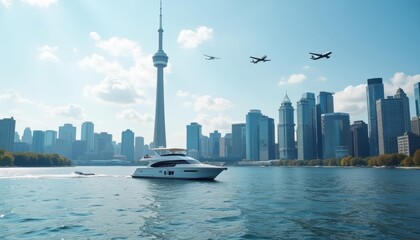 Obraz premium Serenity on the water amidst urban grandeur