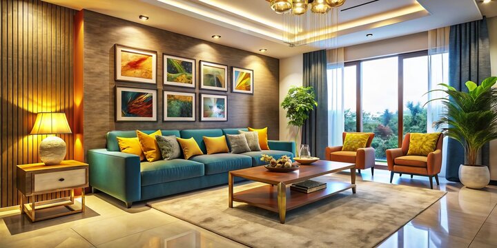Experience a contemporary and inviting 2BHK home interior, showcasing stylish furniture and refined decor elements,