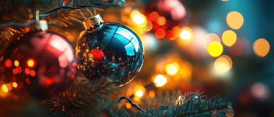 A close-up of colorful Christmas ornaments glimmering on a festive tree, surrounded by warm holiday lights and a cozy atmosphere.