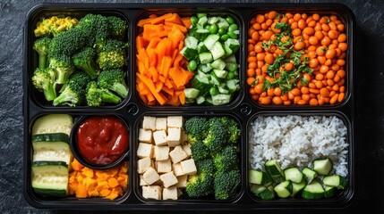 Healthy meal prep containers with various ingredients. A balanced and delicious meal for those looking for a healthy and convenient option.