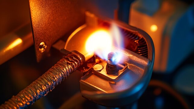 Gas furnace flame ignitor glowing and ready to ignite gas. HVAC maintenance repair service and installation