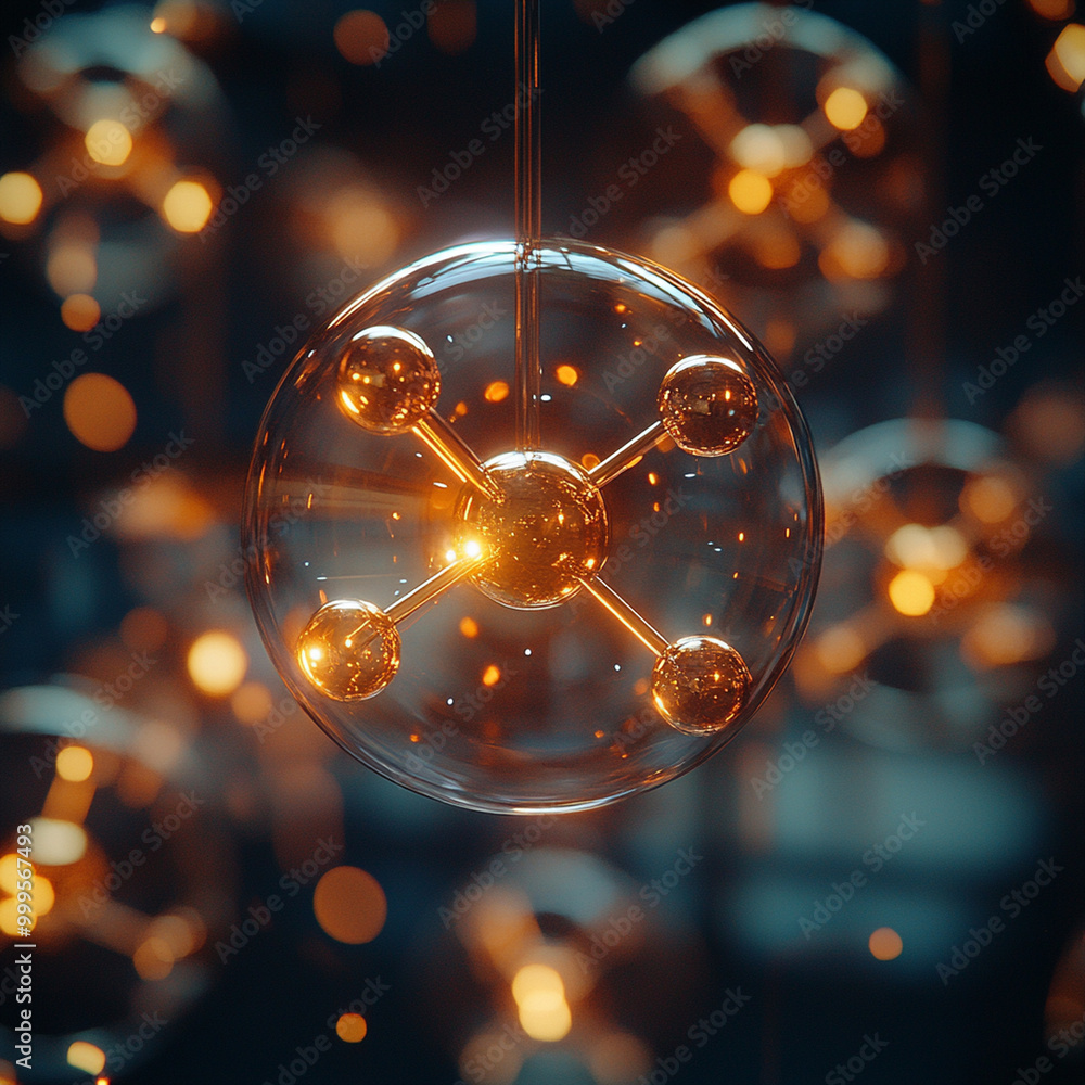 Poster a glowing atomic model representing energy and science, surrounded by blurred background of similar 