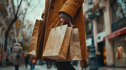 Obraz premium Close-up of woman’s hand holding multiple shopping bags while strolling down a busy urban street