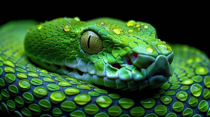 Fototapeta premium Green viper snake isolated on black.