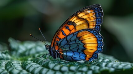 Obraz premium Panacea procilla, blue butterfly from Colombia. Blue orange nice insect in the nature habitat, beauty on the green leave in the forest.