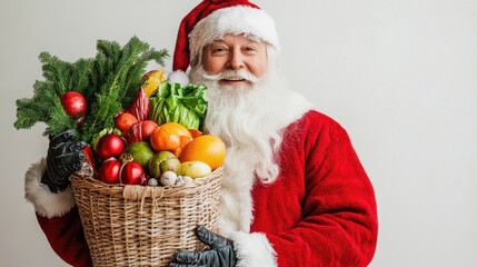 Santa Claus holding a large basket of fresh vegetables and fruits in a festive setting during the Christmas season