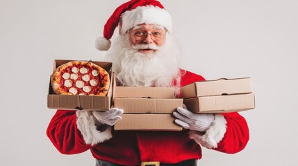 Naklejka premium Santa Claus delivering pizzas during the festive holiday season in a cheerful indoor setting