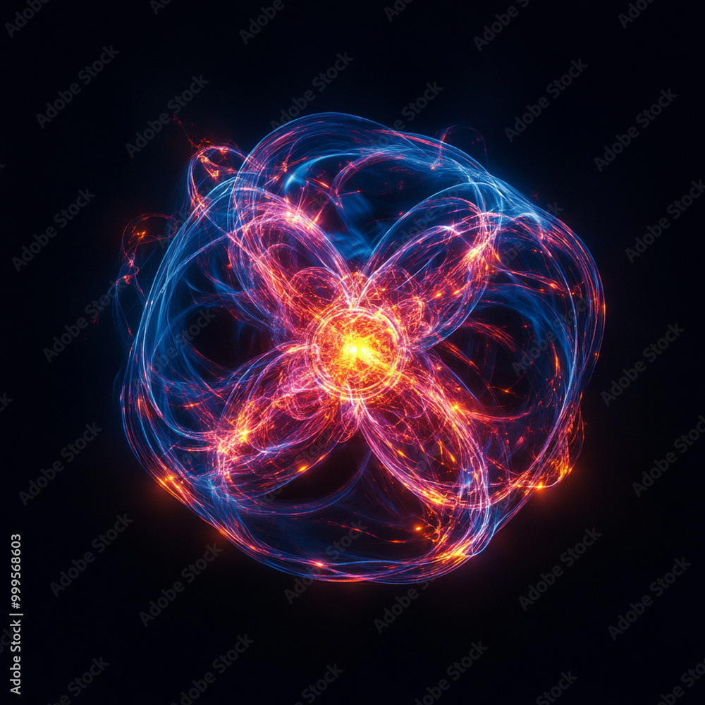 Poster a vibrant representation of isotopes generated through nuclear fission, showcasing dynamic energy pa