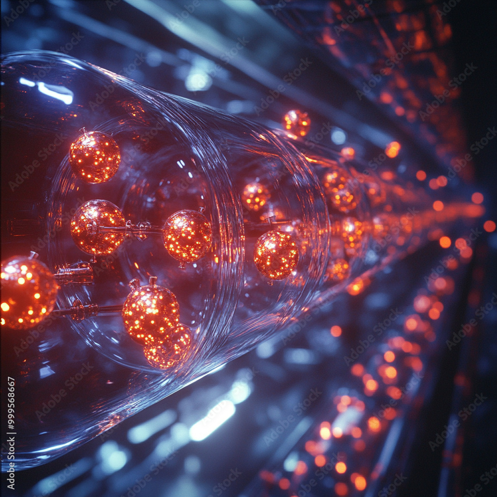 Poster nuclear fission process with glowing atomic interactions in futuristic setting. vibrant red and blue