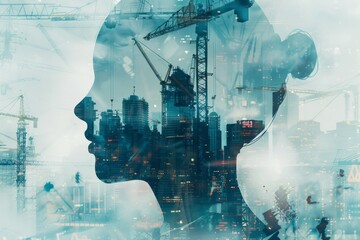 Silhouette of a woman with a cityscape and construction cranes blending into her outline during twilight hours