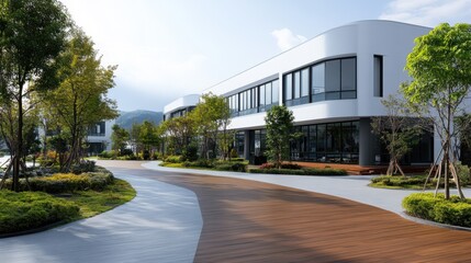 Obraz premium Modern Building with Landscaped Surroundings