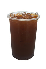 Iced black coffee in plastic cup, Side view.