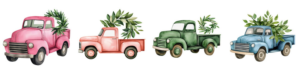 Vintage trucks with plants, white isolate background