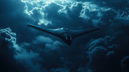 Fototapeta premium A stealth aircraft soars through the night sky, surrounded by dark clouds and illuminated by faint moonlight, creating an atmosphere of mystery and power