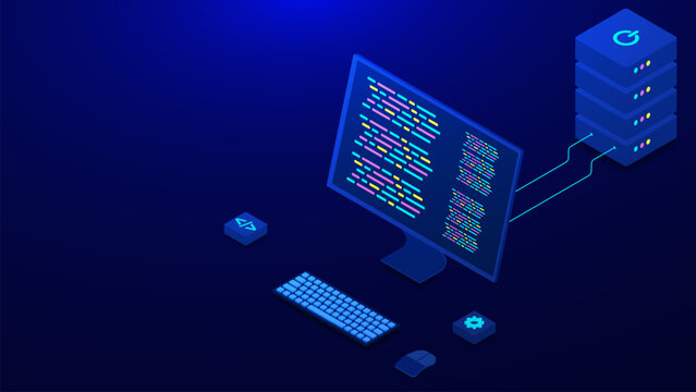 Computer programming concept with server isometric. Programming languages, creation digital software, desktop platform. Information technology and computer engineering