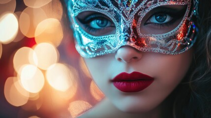 Elegant young woman wearing a decorative carnival mask