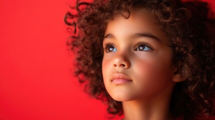Fototapeta premium Portrait of an adorable young girl with curly hair against a vibrant red backdrop