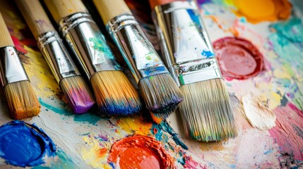 Obraz premium Closeup of brushes colors and palette. The brushes and colorful paints on a palette closeup