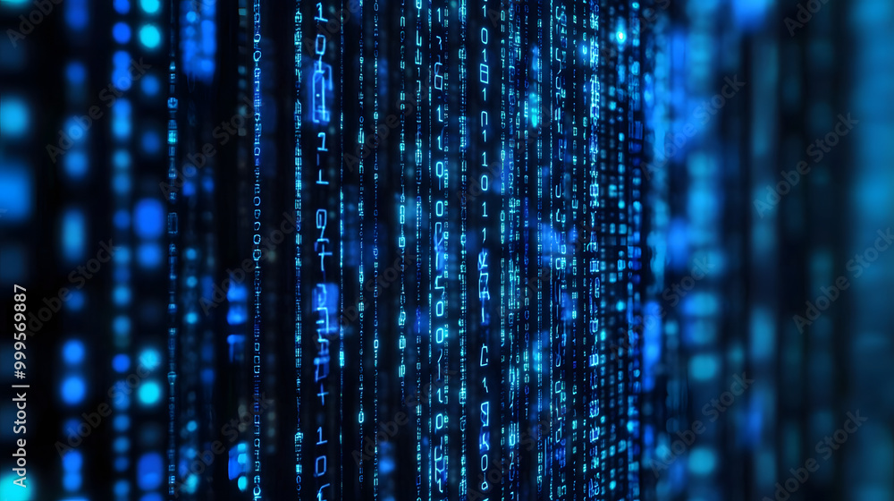 Poster abstract blue digital code pattern on a dark background.