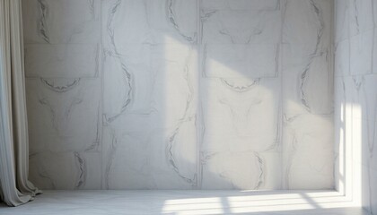 Empty room with white wall, tiled floor, and sunlight.