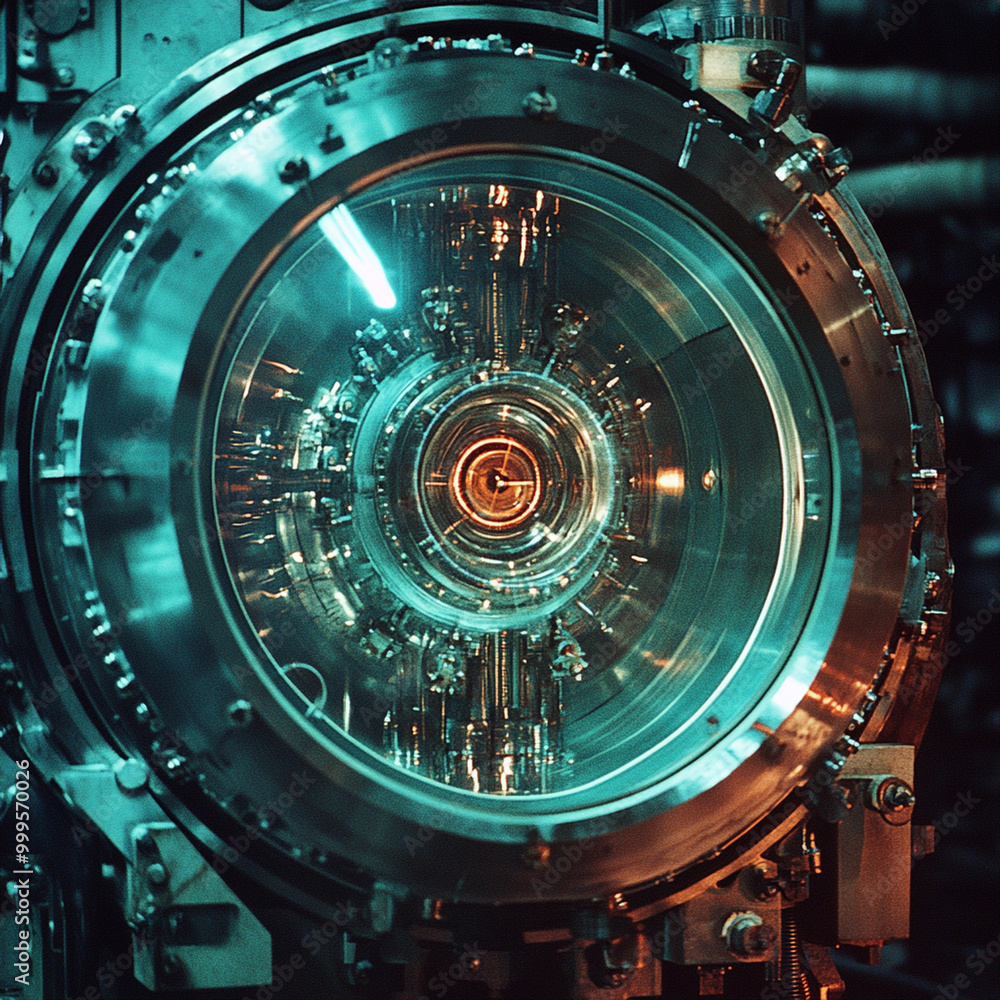 Poster a detailed view of nuclear reactors core, showcasing advanced safety mechanisms and intricate design