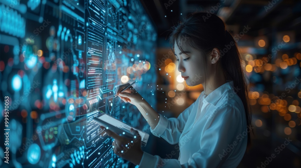 Poster a woman uses a digital tablet to interact with a holographic data interface in a modern tech workspa