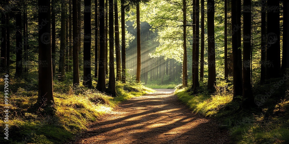 Poster sunbeams illuminate a path through a dense forest.