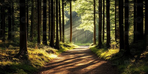 Fototapeta premium Sunbeams illuminate a path through a dense forest.