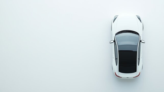 Car top view on the white background surface with copy space. Driving training concept. White car model top view.