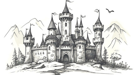 Fototapeta premium Hand drawn sketch of a fairytale castle in a mountain landscape.