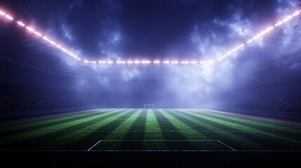 A dramatic view of a well-lit soccer field with vibrant green grass, set under an atmospheric night sky.