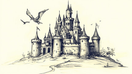 Obraz premium Hand-drawn sketch of a majestic castle with flying birds.