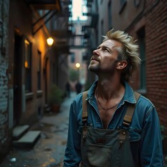 Fototapeta premium Thoughtful Man in Denim Overalls Standing in an Alley, Looking Up