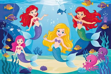 Lively Cartoon Illustrations of Mermaids in a Playful Underwater Scene with Vibrant Marine Life