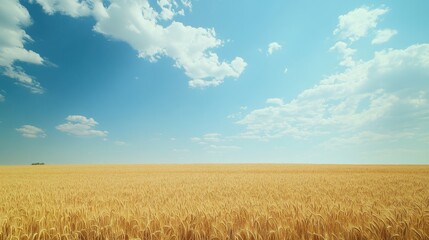 Obraz premium Golden Wheat Field Under a Clear Blue Sky with Fluffy White Clouds on a Sunny Day