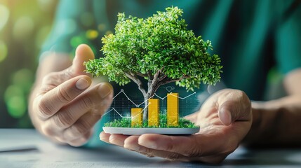 A tree man is touching a growth graph bar chart on a virtual screen, depicting a business plan, financial market, and stock prices going up