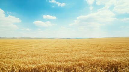 Naklejka premium Golden Wheat Field Under a Clear Blue Sky with Fluffy White Clouds on a Sunny Day
