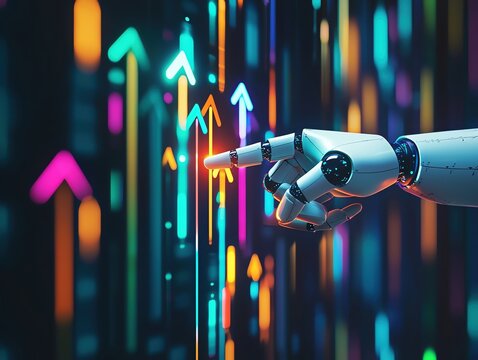 Abstract business success, hand of AI robot pointing to rising arrows, sleek design