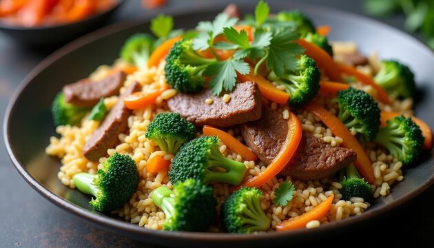  A vibrant stirfry dish with beef broccoli and carrots