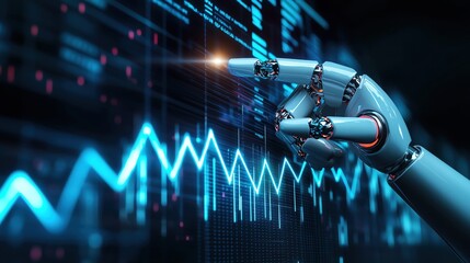 Hand of Ai robot pointing growth strategy up blue arrows success business marketing concept on goal development